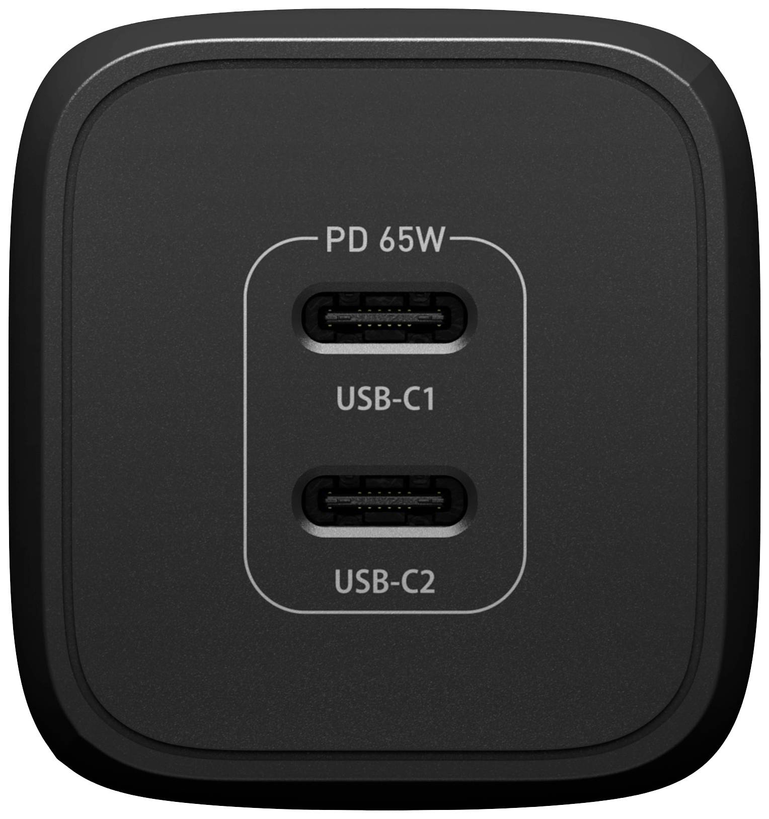 Čierny nabíjací adaptér s dvoma USB-C portami, označenými 'USB-C1' a 'USB-C2'. Hore je uvedené 'PD 65W' pre výkon nabíjania.