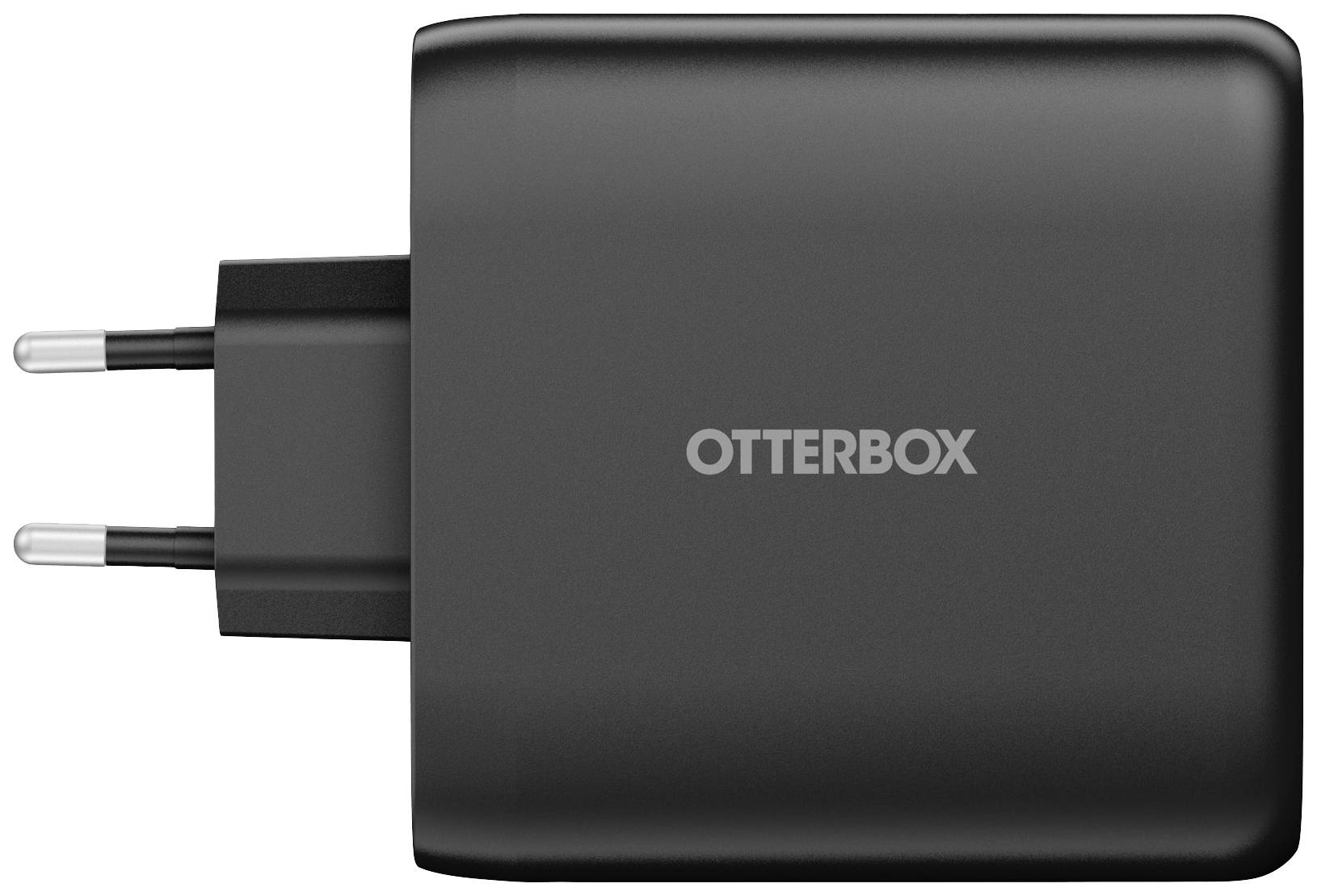 Čierna nabíjačka výrobcu 'Otterbox' s EÚ zástrčkou, pohľad z boku.