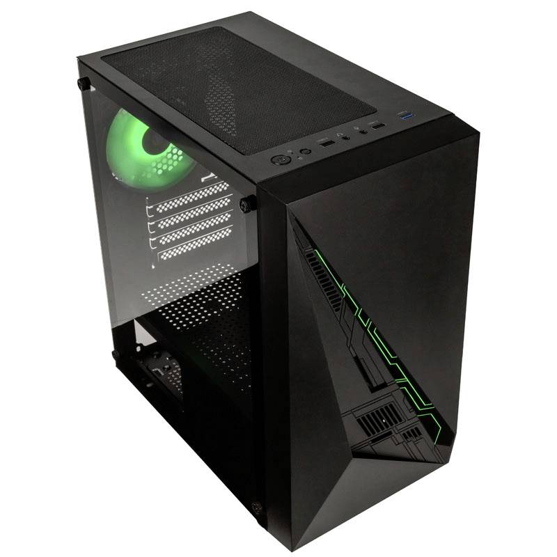 Čierna PC skrinka so zelenými LED svetlami. Viditeľný zdroj napájania a ventilátor. Moderný dizajn s priehľadným bočným krytom.