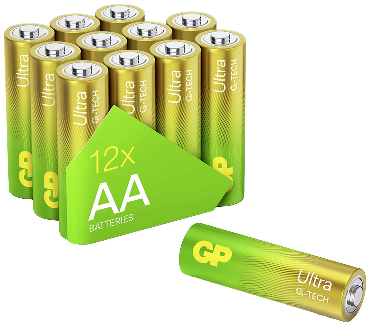 Produktný obrázok 12 GP Ultra G-Tech AA batérií; jedna batéria leží oddelene vpredu.