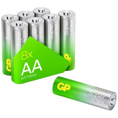 Reklamná grafika s ôsmimi batériami GP Super G-TECH AA; zelený štítok zdôrazňuje "8x AA Batteries", jedna batéria leží oddelene vedľa nich.