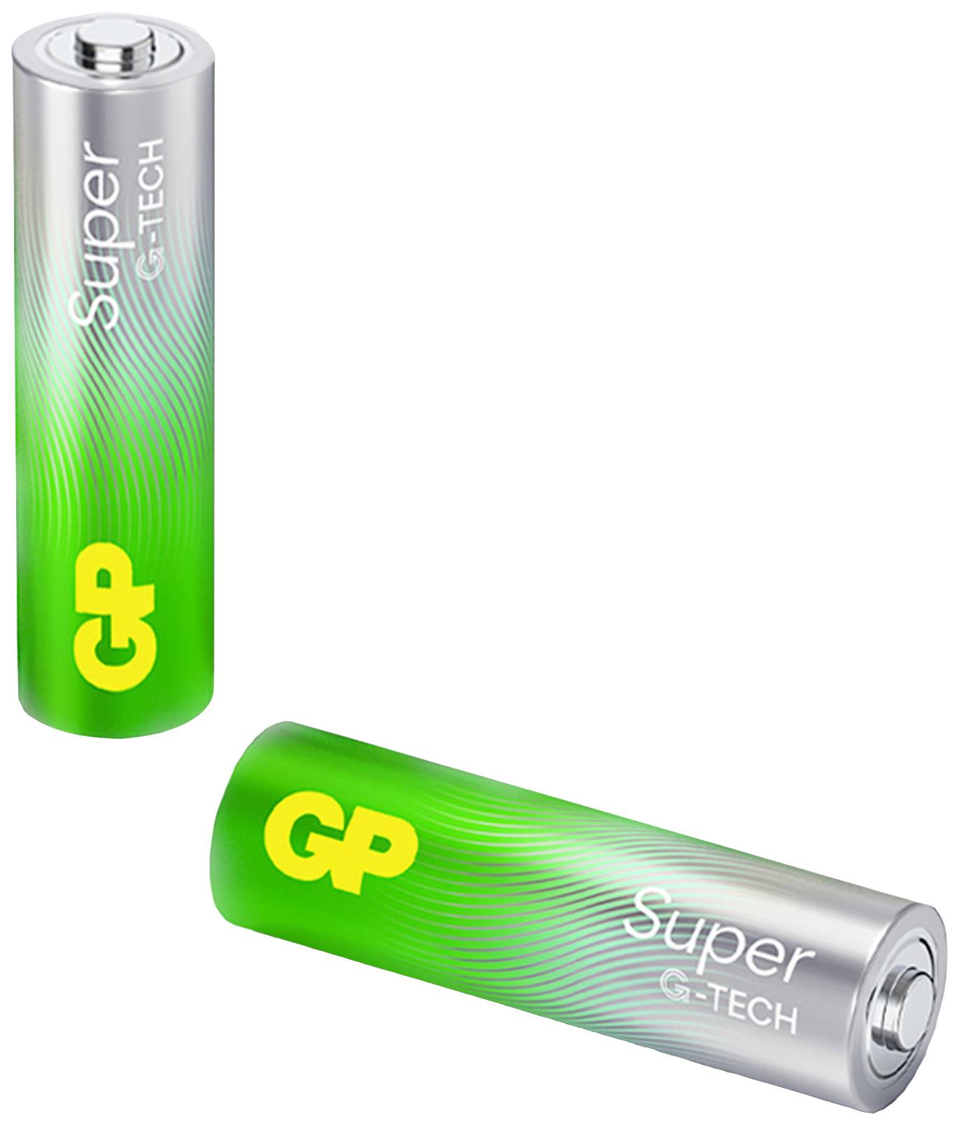 Dve batérie GP Super G-TECH: jedna stojí zvisle, jedna leží šikmo; zeleno-strieborný dizajn so žltým logom GP.