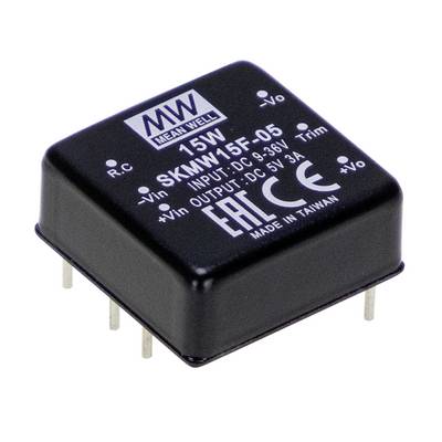 Čierny elektronický menič od Mean Well, model SKMW15F-05, vstup DC 9-36V, výstup DC 5V 3A, s viacerými kolíkmi na spodnej strane.
