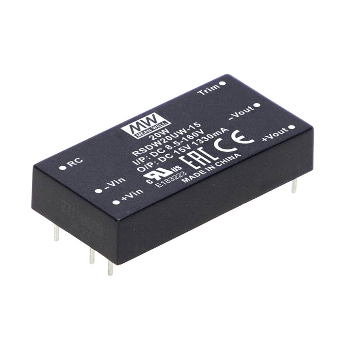 SDI20-UW-15 menič od Mean Well, so vstupom 9-36V DC a výstupom 15V DC, 1,33A. Čierne púzdro, určené pre elektronické aplikácie.