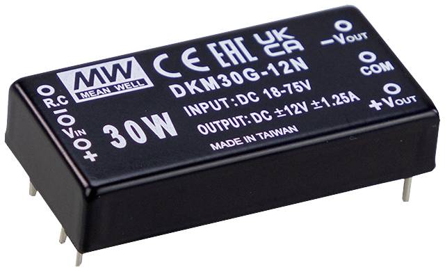 Napäťový menič od Mean Well, model DKM30G-12N. Rozsah vstupu: 18-75V DC. Výstup: 12V DC, 1,25A, 30W. Označenie CE a UKCA.