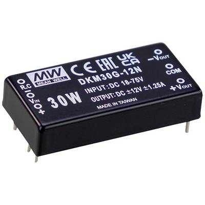 Napäťový menič od Mean Well, model DKM30G-12N. Rozsah vstupu: 18-75V DC. Výstup: 12V DC, 1,25A, 30W. Označenie CE a UKCA.