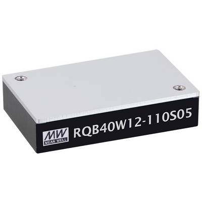 Menič napätia Mean Well RQB40W12-110S05, štvorcový, so strieborným krytom a čiernou základňou.