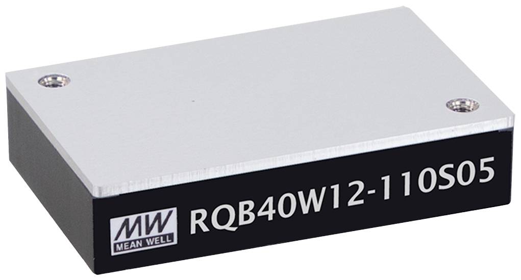 Obdĺžnikový elektrický konvertor označený nápisom 'MW Mean Well RQB40W12-110S05', so strieborným vrchom a čiernymi stranami.