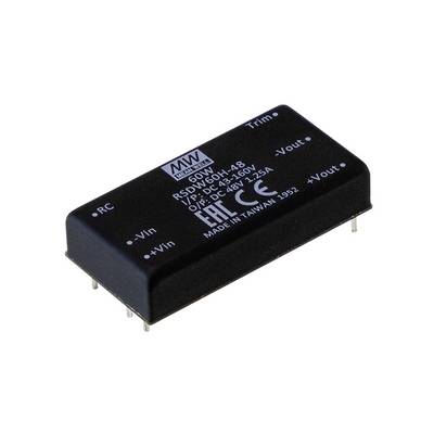 Čierny elektronický komponent s nápisom 'DC-DC menič', zobrazujúci vstupné a výstupné konektory spolu s technickými detailmi.