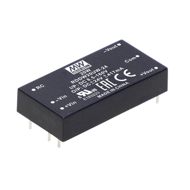 'Mean Well DC-DC menič RDD30UW-24, 30W, Vstup: 9-36V, Výstup: ±12V, ±1A, PIN modul, v kryte, pre elektronické aplikácie.'