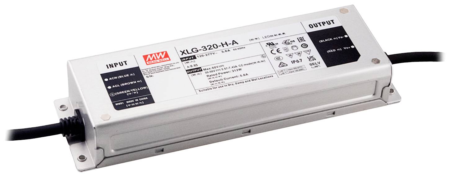 LED driver od spoločnosti MEAN WELL, model 'XLG-320-H-A', s vstupnými a výstupnými konektormi. Vhodný pre osvetľovacie systémy.