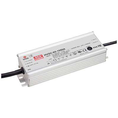 Kovový kryt napájacieho zdroja LED s modelovým číslom 'HVGC-65-1050A', ktorý zobrazuje výstražné upozornenia a technické špecifikácie na hornej strane.