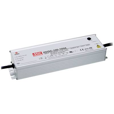 Obdĺžnikové strieborné elektrické zariadenie s nápisom 'HVGC-100-700A' a technickými špecifikáciami na povrchu.