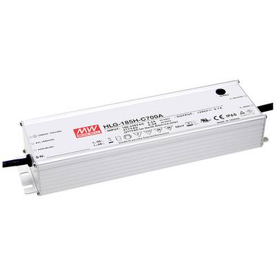 Obdĺžnikový kovový kryt s nápisom 'MEAN WELL HLG-185H-C700A'. Ide o LED napájací zdroj s technickými parametrami.