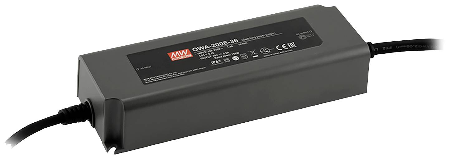 Napájací zdroj 'Mean Well OWA-200L-30' pre LED aplikácie, čierny kryt, pripojovací kábel na oboch koncoch.