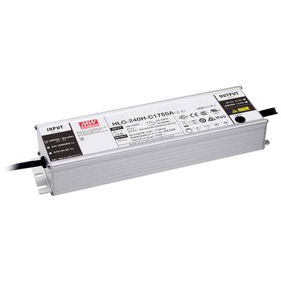 LED driver HLG-240H-C1750A, obdĺžnikový kryt so svorkami, štítok s technickými špecifikáciami, stupeň krytia IP65.
