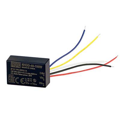 Elektronické zariadenie s čiernym krytom a viacerými farebnými káblami. Štítok zobrazuje číslo modelu 'NHDD-60-100W' a technické detaily.