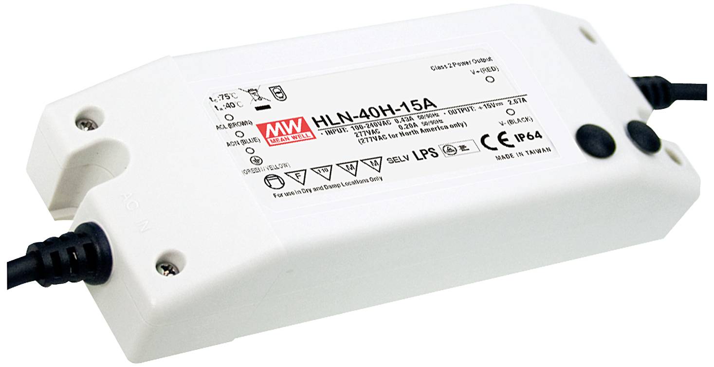 Obdĺžnikový biely LED napájací zdroj s nápisom 'HLN-40H-15A', viacerými technickými špecifikáciami a dvoma pripojovaciemu káblami.