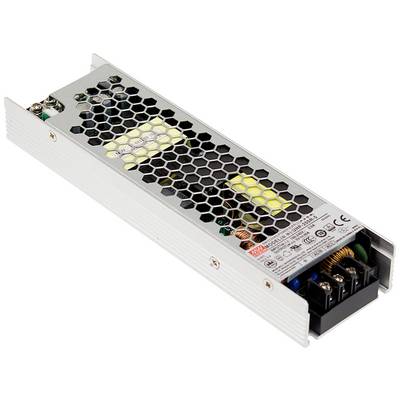 Spínaný napájací zdroj v kovovom kryte s vetracími mriežkami pre elektronické zariadenia, s údajmi výrobcu a technickými špecifikáciami viditeľnými na povrchu.