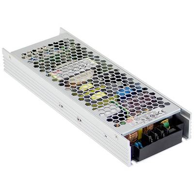 Obdĺžnikový napájací zdroj s perforovaným krytom, ktorý odhaľuje vnútorné elektronické komponenty.