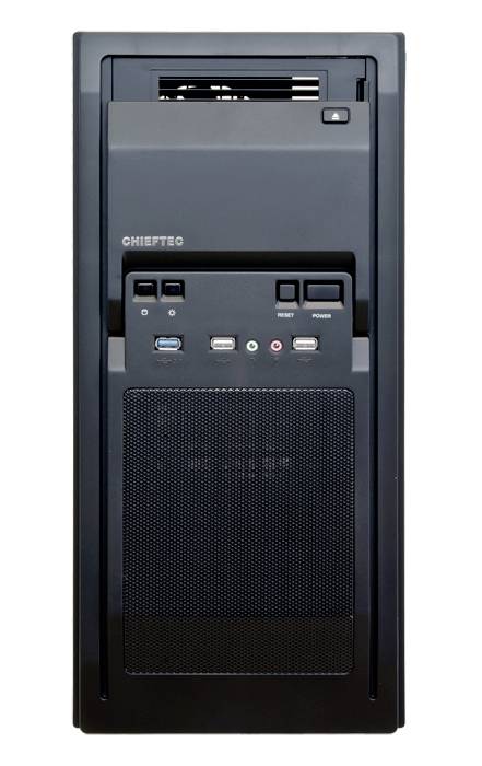 Čierna počítačová skrinka s napájacím a resetovacím tlačidlom a USB portami na prednej strane.
