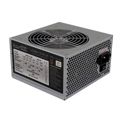 Šedo-čierna počítačová napájacia jednotka s ventilátorom, viacerými možnosťami pripojenia a technickými údajmi na boku.