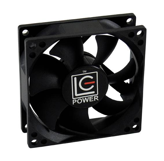 Čierny počítačový ventilátor s logom 'LC Power' na prednej strane. Ventilátor má päť krídel a je obdĺžnikového tvaru.