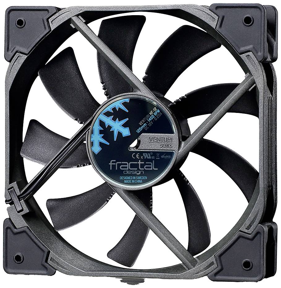 Čierny počítačový ventilátor s ôsmimi krídlami, označený štítkom 'Fractal Design Venturi Series', zobrazuje technické detaily a špecifikácie.