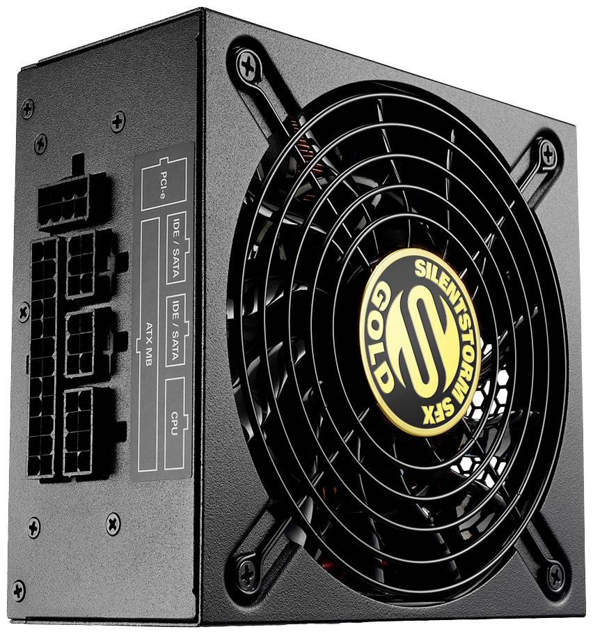 Čierna počítačová napájacia jednotka s ventilátorom v strede, niekoľkými konektormi vľavo a logom 'SILENTSTORM SFX GOLD' v strede ventilátora.