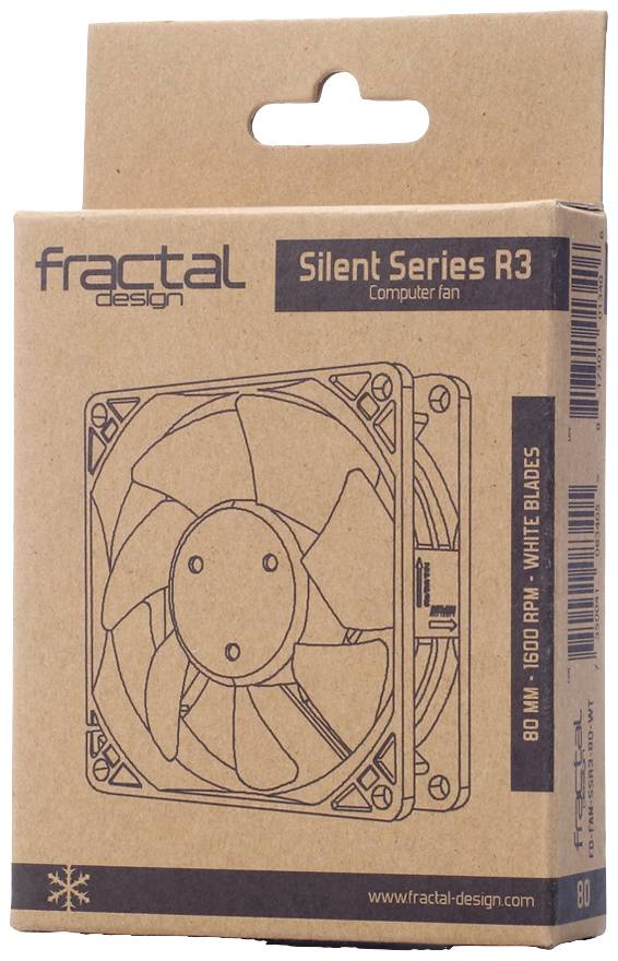 Obal ventilátora série Fractal Silent R3 s vyobrazením ventilátora; 80 mm, 1600 ot./min, biele krídla.