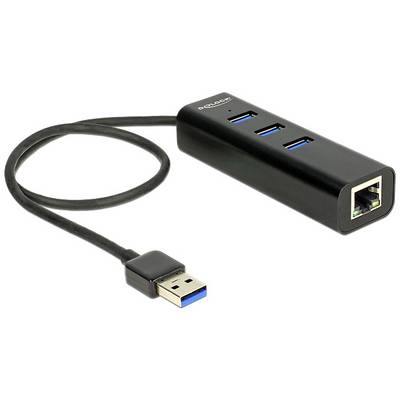 Čierny USB hub s troma USB portami a jedným ethernetovým portom, prepojený USB káblom.
