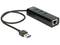Čierny USB hub s troma USB portami a jedným ethernetovým portom, prepojený USB káblom.
