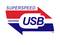 Obrázok zobrazuje logo 'SuperSpeed Certified USB' s červenými a modrými šípkami, ktoré poukazujú na vyššiu rýchlosť a certifikáciu.