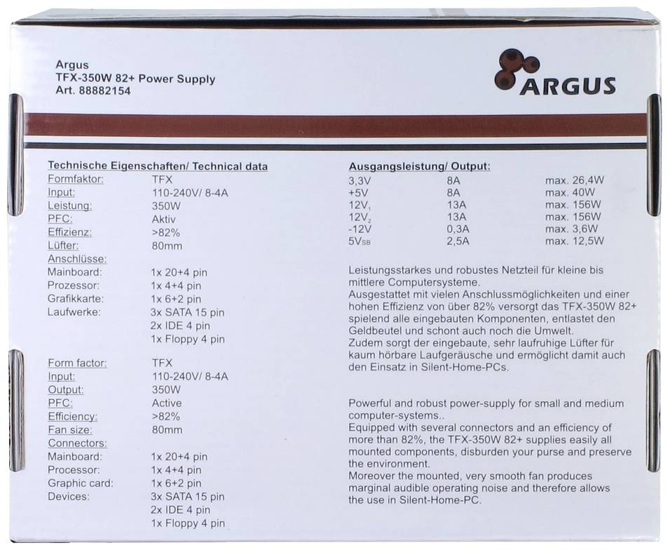 'Argus TFX-350W 82+ zdroj napájania. Technické údaje: TFX formát, 350W výkon, 80 PLUS účinnosť, 120mm ventilátor. Viaceré typy konektorov.'