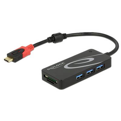 Adaptérový kábel s tromi USB 3.0 portami a čítačkou SD kariet. Pripája zariadenia prostredníctvom USB-C. Čierne puzdro s červeným USB-C konektorom.