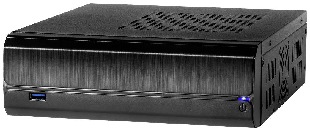 Čierna mini PC skrinka s modrou LED indikáciou a USB portom na prednej strane. Ventilačné otvory na vrchu a po stranách.