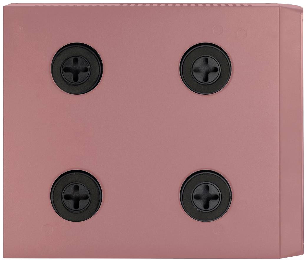 Štvorcový, ružový objekt so štyrmi čiernymi, okrúhlymi, krížovo vzorovanými priehlbinami.