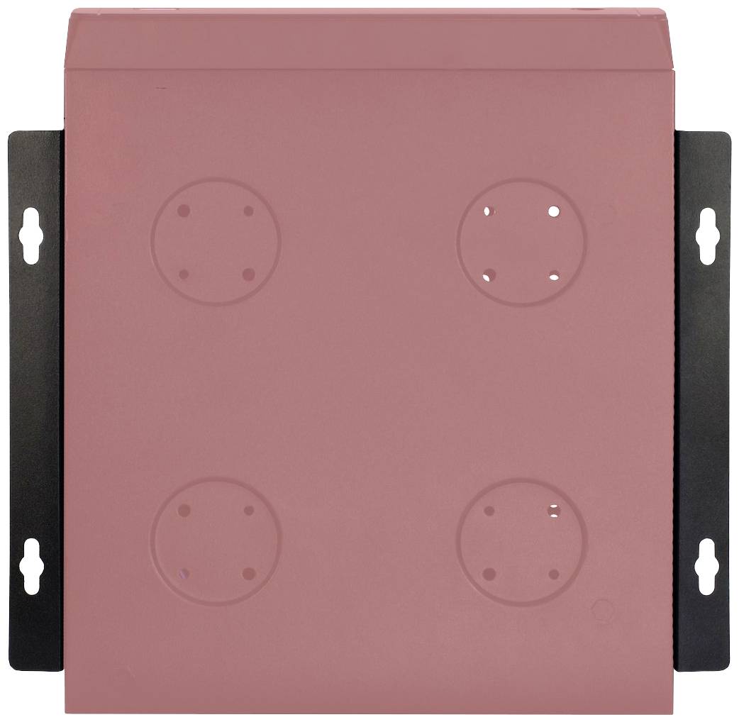 Červený kryt so štyrmi kruhovými výstupkami v každom rohu, namontovaný na čiernom držiaku.