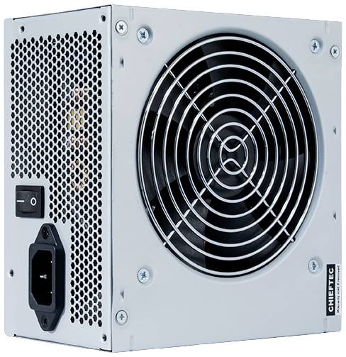 Strieborný PC zdroj s ventilátorom a sieťovým vypínačom na zadnej strane. Vetracie mriežky pre odvod tepla sú viditeľné.