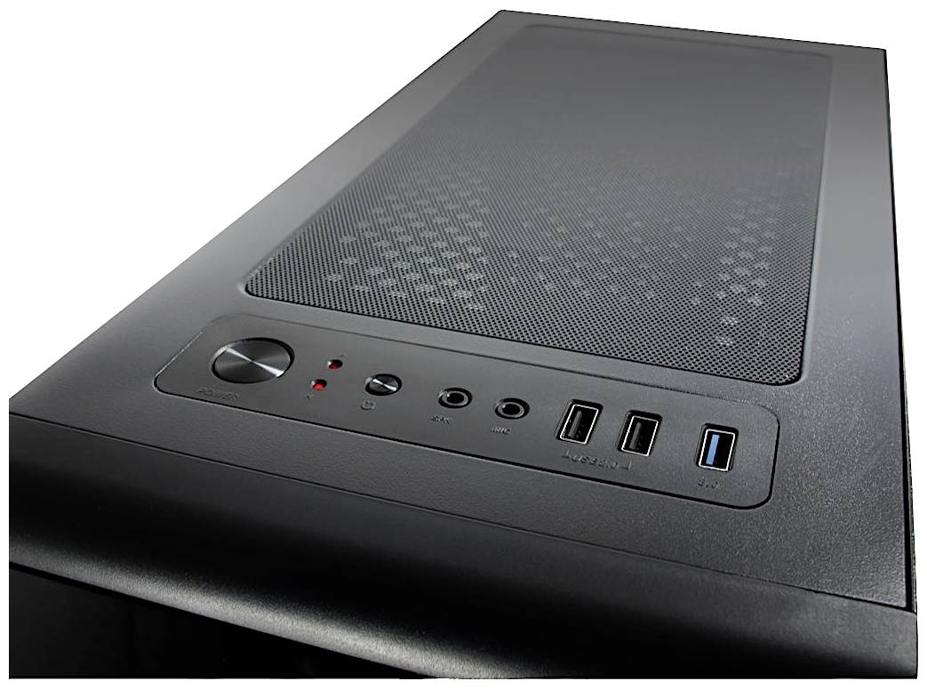 Čierna počítačová skrinka s vetracou mriežkou na vrchu. Vidieť na nej tlačidlá a konektory vrátane USB portov a konektora pre slúchadlá.