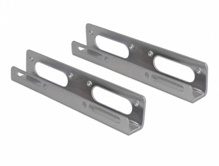 Dve strieborné, obdĺžnikové kovové svorky s oválnymi otvormi a otvormi pre skrutky. Sú umiestnené vedľa seba na svetlom pozadí.