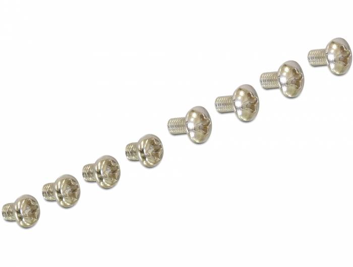 'Osem strieborných skrutiek so zaoblenými hlavami, usporiadaných v diagonálnom rade. Skrutky sú lesklé a odrážajú svetlo.'