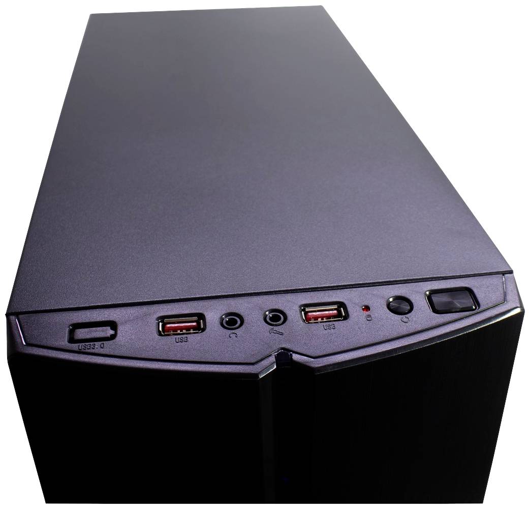 Počítačová skrinka s USB a audio portami na prednej strane. Je čierna a zobrazuje hornú prednú hranu.