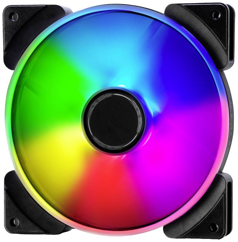 Počítačový ventilátor s RGB podsvietením zobrazuje farebné spektrum pozostávajúce z modrej, zelenej, žltej, červenej a fialovej farby.