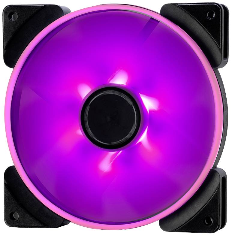 RGB počítačový ventilátor so svietiacim fialovým svetlom, štvorcovým rámom a čiernym krytom. Dôležitá súčasť chladenia počítača.