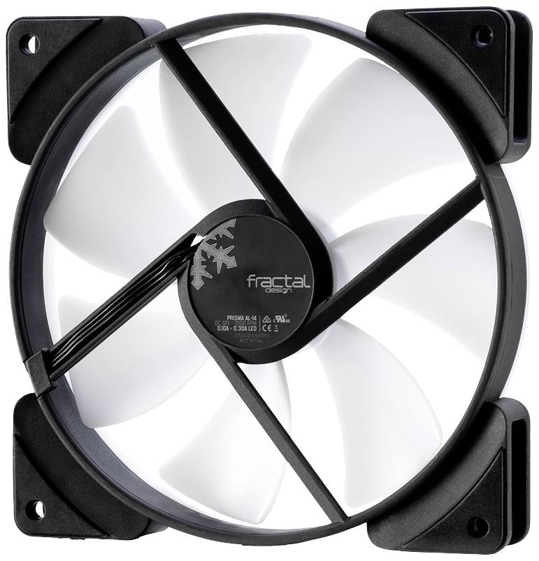 Biely počítačový ventilátor s piatimi lopatkami, namontovaný na čiernom ráme, s logom spoločnosti Fractal Design v strede.