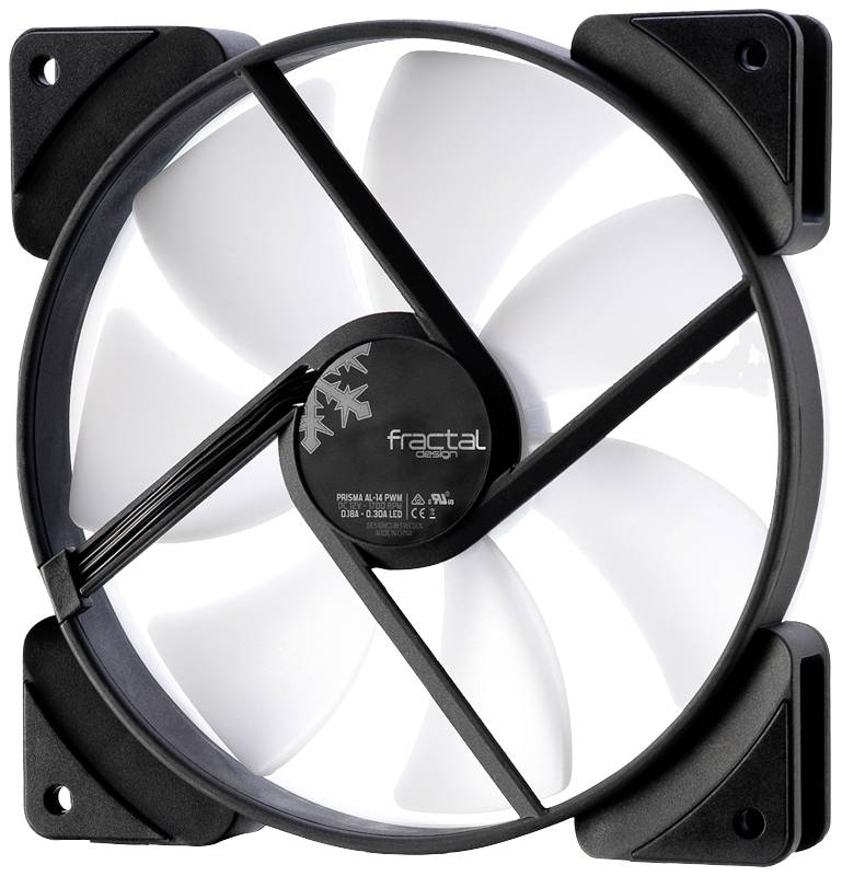 Biely počítačový ventilátor s čiernym rámom a logom Fractal uprostred, vhodný na chladenie PC.