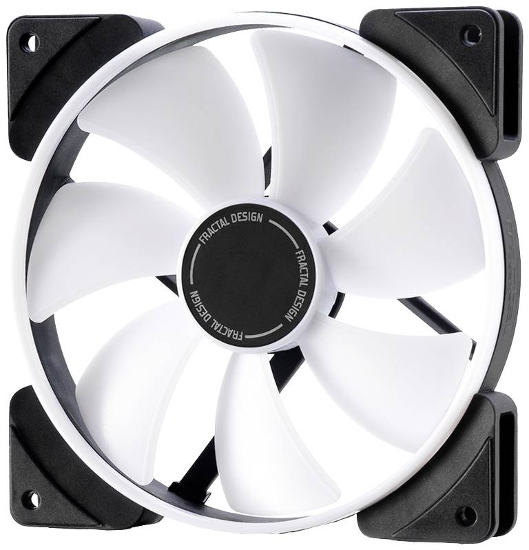 Biely počítačový ventilátor so šiestimi lopatkami, namontovaný v čiernom ráme. Ideálny na chladenie počítačových skríň.