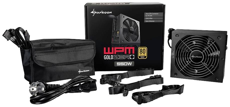 Počítačový zdroj od Sharkoonu, model 'WPM Gold ZERO', 550W, vedľa neho káble a obal. Vhodný pre efektívne napájanie.