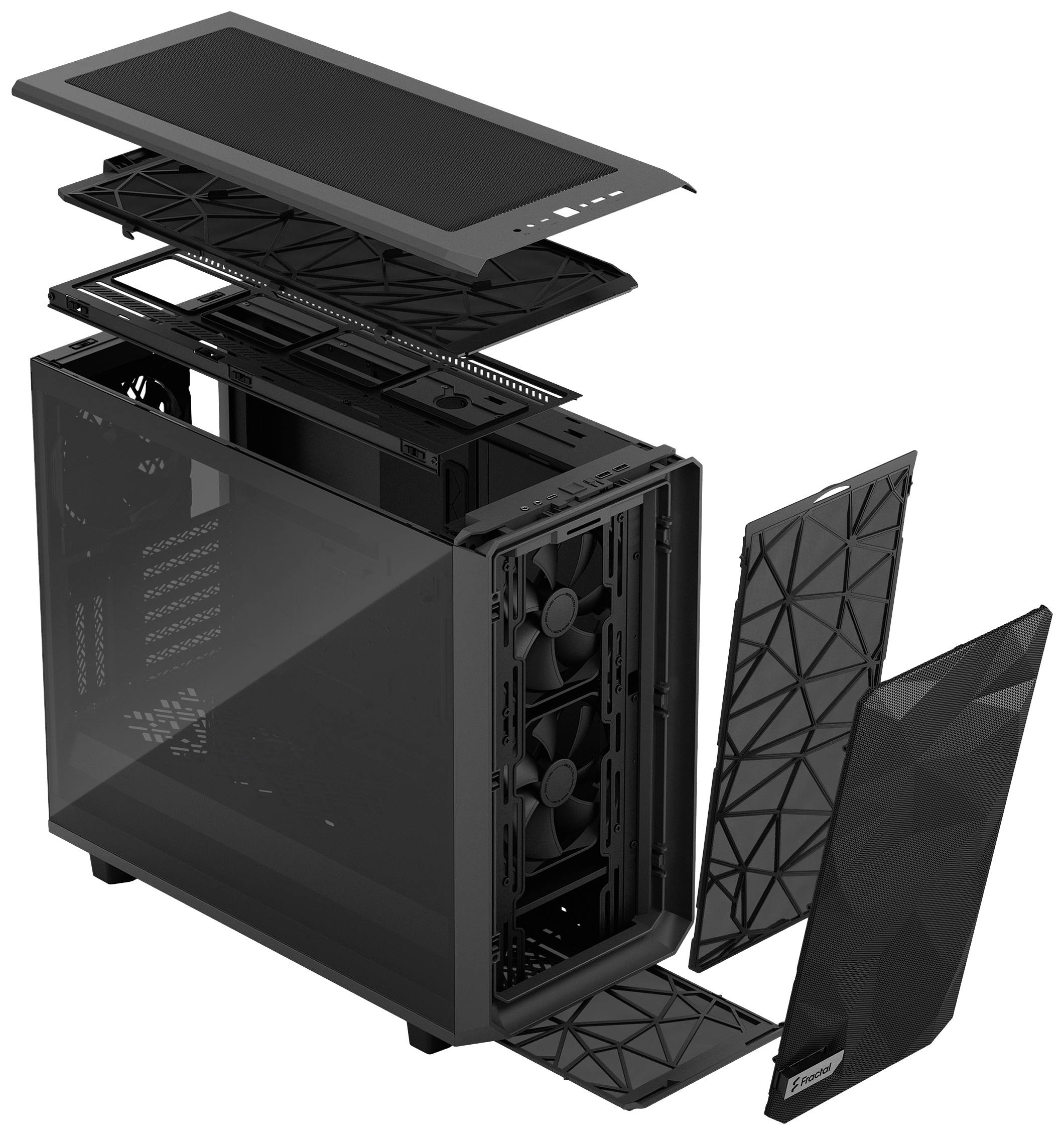 Pohľadový rozpad PC skrine so snímateľnými bočnými a hornými krytmi. Viditeľné ventilátory a vnútorná štruktúra pre inštaláciu hardvéru.